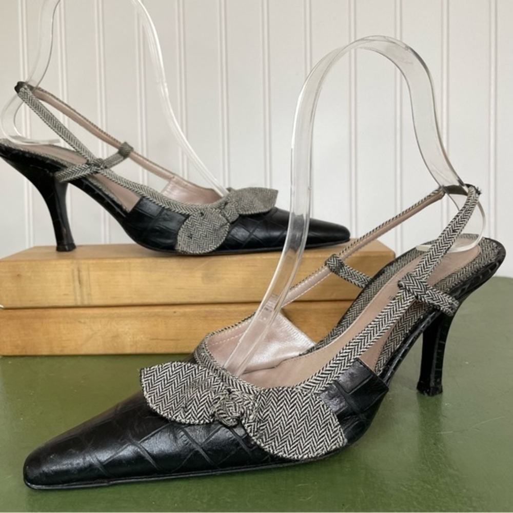 Pancaldi Slingback Tweed Bow Mid Heels in Black Leather *Italy*
